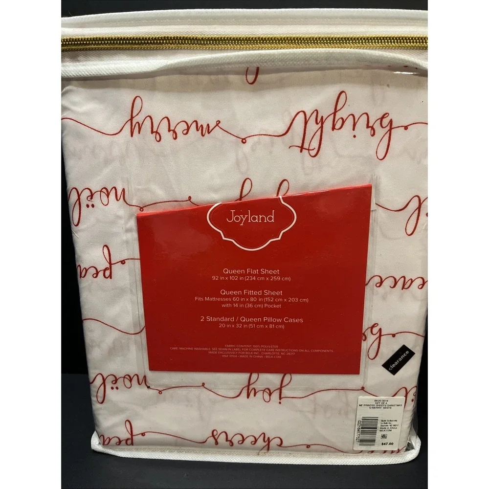 Joyland Microfiber Queen Sheet Set Red Merry Print Christmas Holiday White New!